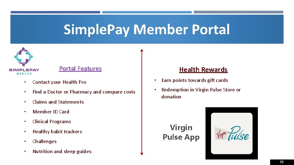 Simple. Pay Member Portal Features Health Rewards • Contact your Health Pro • Earn