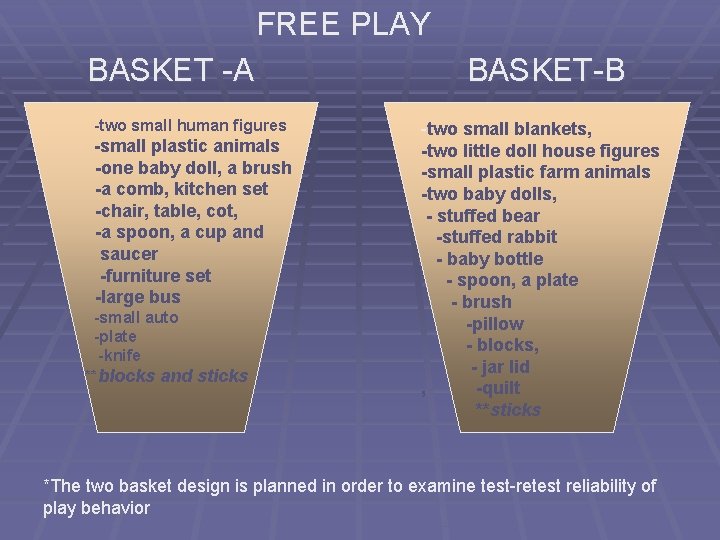 FREE PLAY BASKET -A -two small human figures -small plastic animals -one baby doll,