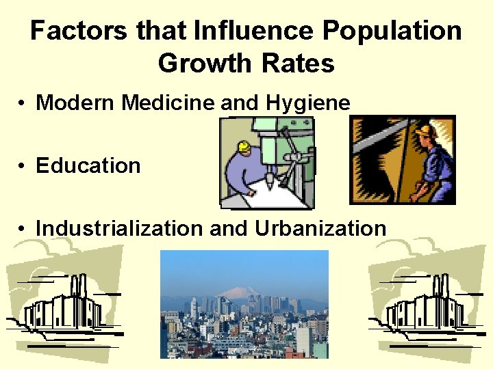 Factors that Influence Population Growth Rates • Modern Medicine and Hygiene • Education •