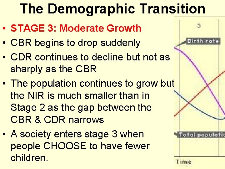 The Demographic Transition • STAGE 3: Moderate Growth • CBR begins to drop suddenly