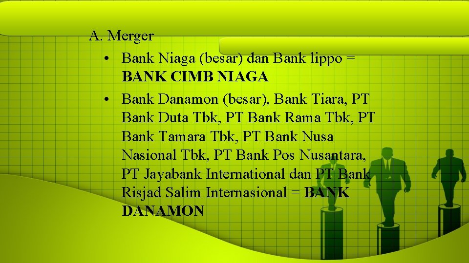 A. Merger • Bank Niaga (besar) dan Bank lippo = BANK CIMB NIAGA •