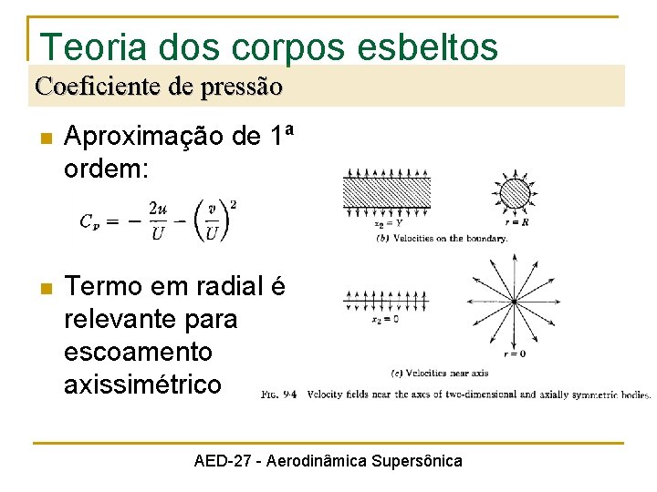 Teoria dos corpos esbeltos Coeficiente de pressão n Aproximação de 1ª ordem: n Termo