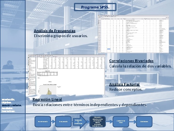 Programa SPSS. Análisis de Frecuencias Discrimina grupos de usuarios. Correlaciones Bivariadas Calcula la relación