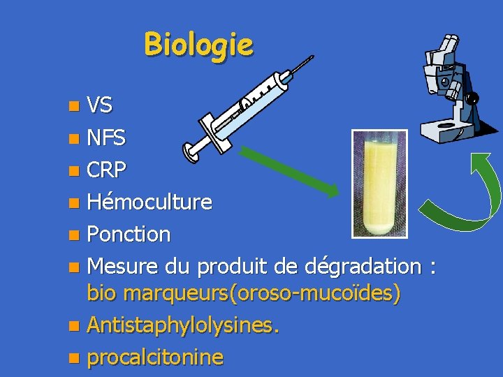 Biologie VS n NFS n CRP n Hémoculture n Ponction n Mesure du produit