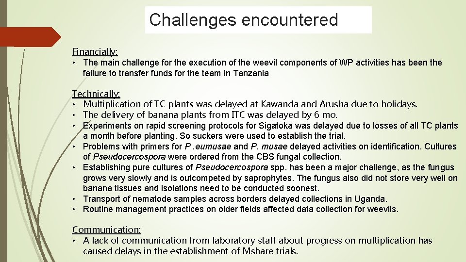 Challenges encountered Financially: • The main challenge for the execution of the weevil components