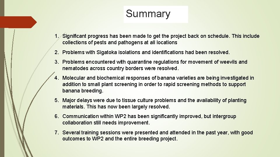 Summary 1. Significant progress has been made to get the project back on schedule.