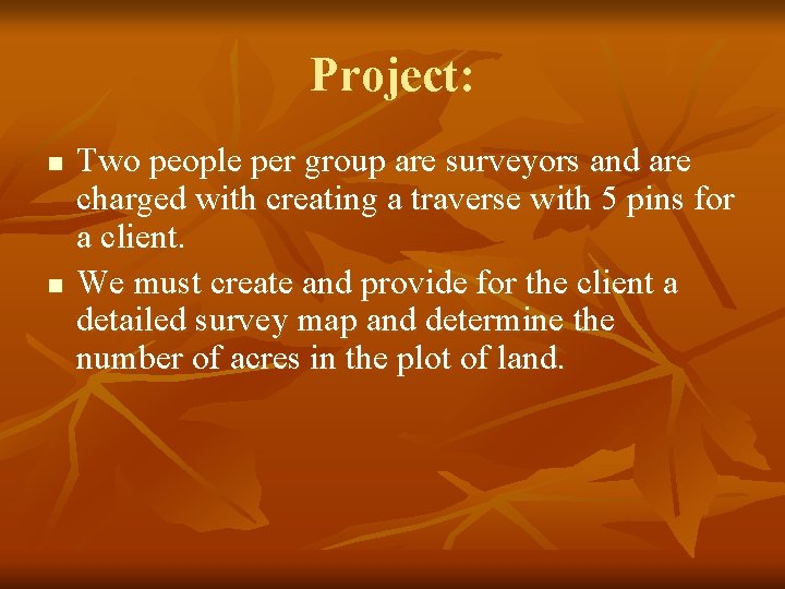 Project: n n Two people per group are surveyors and are charged with creating