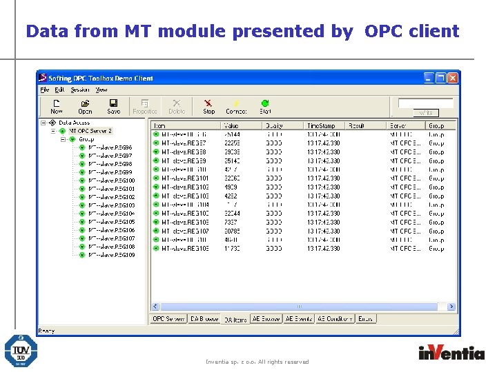 Data from MT module presented by OPC client Inventia sp. z o. o. All