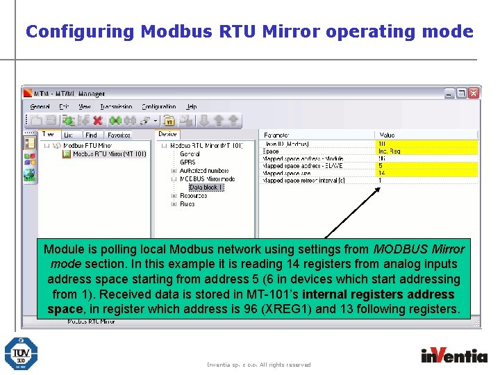 Configuring Modbus RTU Mirror operating mode Module is polling local Modbus network using settings