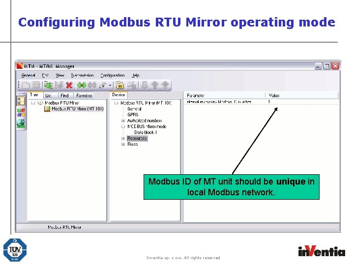Configuring Modbus RTU Mirror operating mode Modbus ID of MT unit should be unique