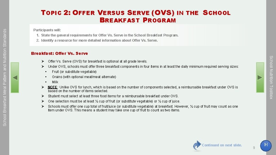 Participants will: 1. State the general requirements for Offer Vs. Serve in the School
