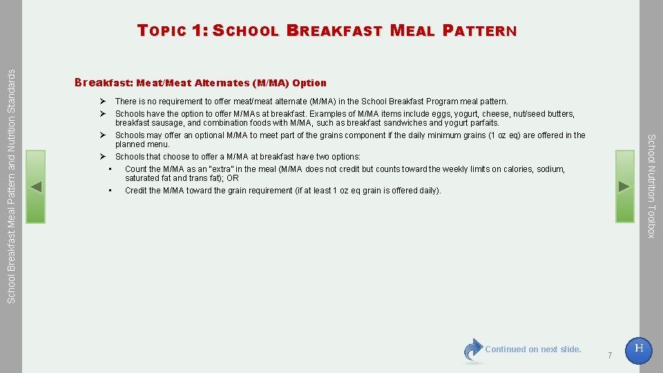 Breakfast: Meat/Meat Alternates (M/MA) Option Ø Ø There is no requirement to offer meat/meat