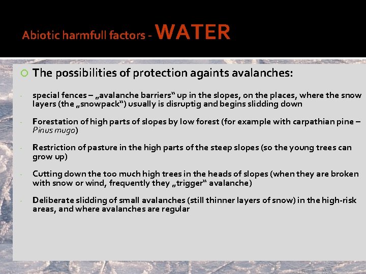 Abiotic harmfull factors - WATER The possibilities of protection againts avalanches: - special fences
