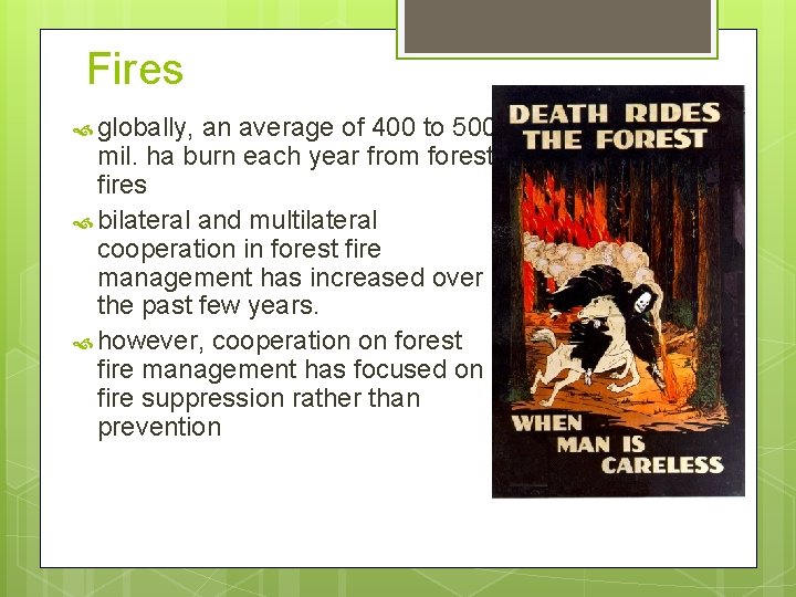 Fires globally, an average of 400 to 500 mil. ha burn each year from