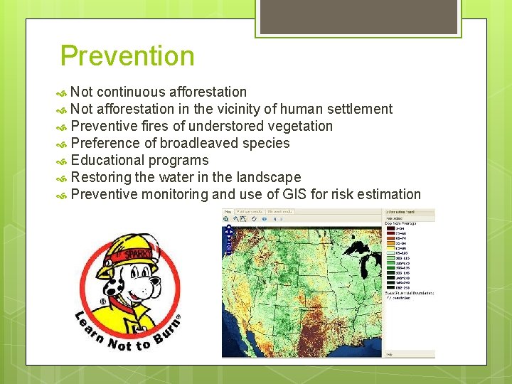 Prevention Not continuous afforestation Not afforestation in the vicinity of human settlement Preventive fires