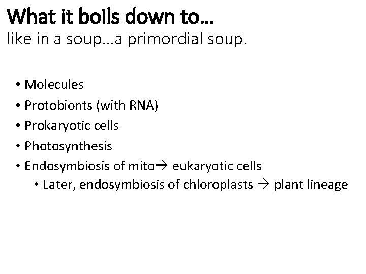 What it boils down to… like in a soup…a primordial soup. • Molecules •