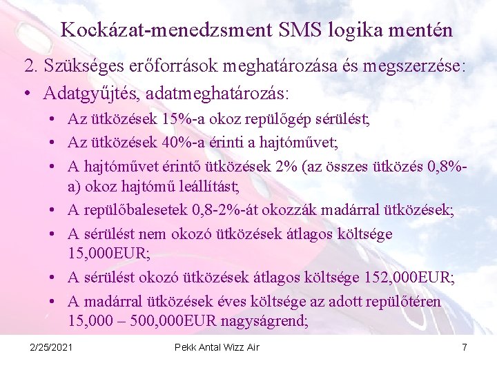 Kockázat-menedzsment SMS logika mentén 2. Szükséges erőforrások meghatározása és megszerzése: • Adatgyűjtés, adatmeghatározás: •