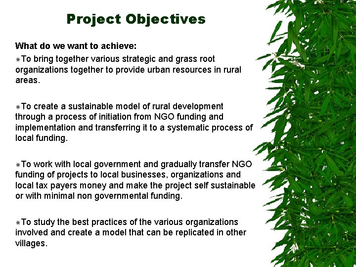 Project Objectives What do we want to achieve: To bring together various strategic and
