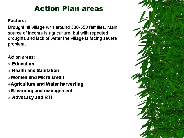 Action Plan areas Factors: Drought hit village with around 300 -350 families. Main source