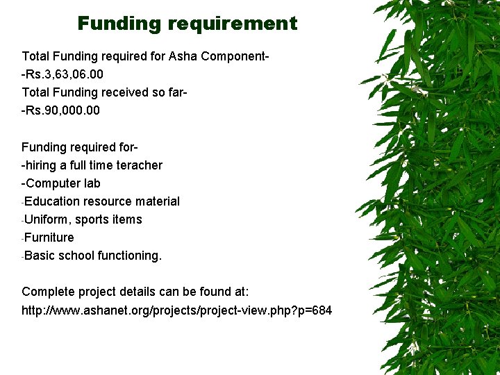 Funding requirement Total Funding required for Asha Component-Rs. 3, 63, 06. 00 Total Funding