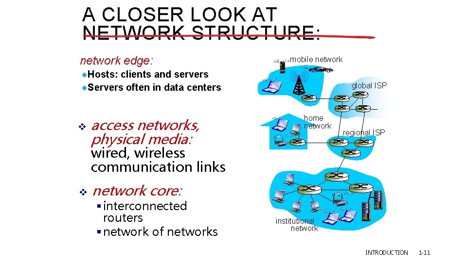 A CLOSER LOOK AT NETWORK STRUCTURE: network edge: mobile network Hosts: clients and servers