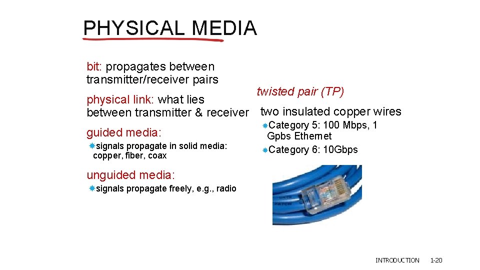 PHYSICAL MEDIA bit: propagates between transmitter/receiver pairs twisted pair (TP) physical link: what lies