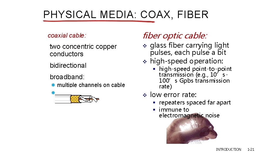 PHYSICAL MEDIA: COAX, FIBER coaxial cable: two concentric copper conductors bidirectional fiber optic cable: PHYSICAL MEDIA: COAX, FIBER coaxial cable: two concentric copper conductors bidirectional fiber optic cable: