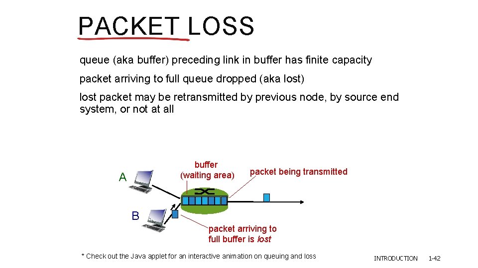 PACKET LOSS queue (aka buffer) preceding link in buffer has finite capacity packet arriving PACKET LOSS queue (aka buffer) preceding link in buffer has finite capacity packet arriving