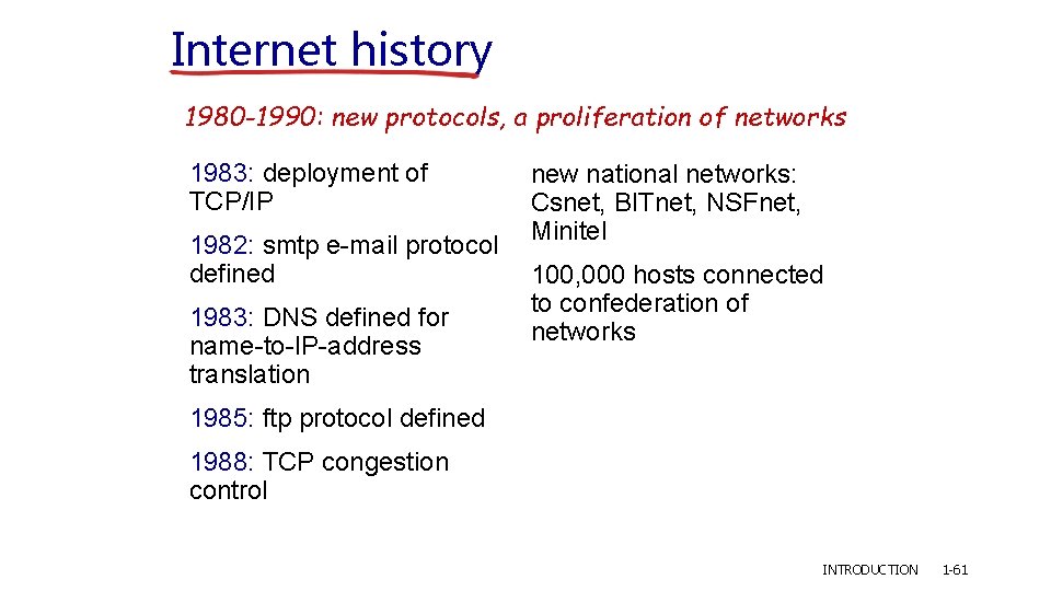 Internet history 1980 -1990: new protocols, a proliferation of networks 1983: deployment of TCP/IP