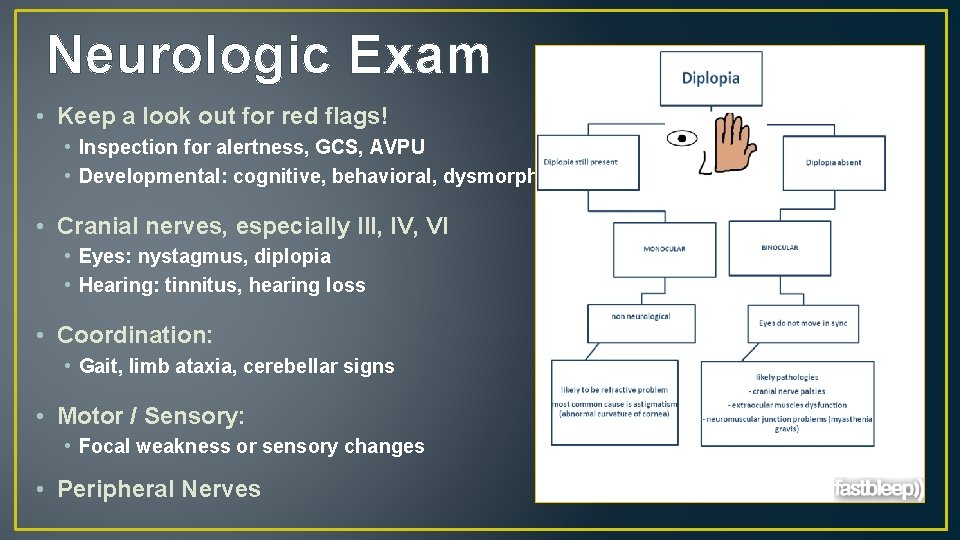 Neurologic Exam • Keep a look out for red flags! • Inspection for alertness,
