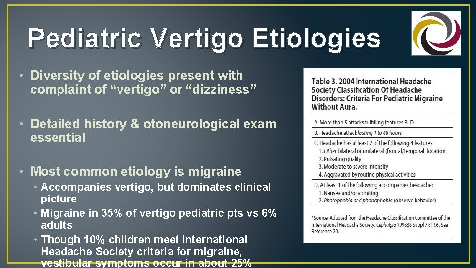 Pediatric Vertigo Etiologies • Diversity of etiologies present with complaint of “vertigo” or “dizziness”