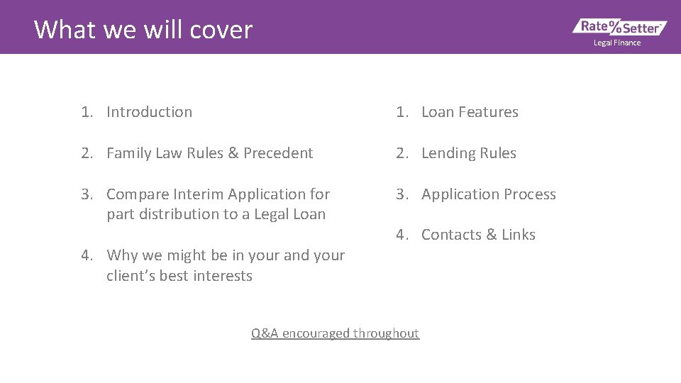 What we will cover Legal Finance 1. Introduction 1. Loan Features 2. Family Law