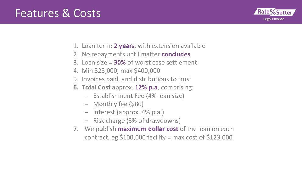 Features & Costs 1. 2. 3. 4. 5. 6. Loan term: 2 years, with