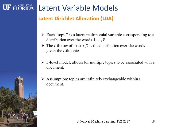 Latent Variable Models Latent Dirichlet Allocation (LDA) Advanced Machine Learning, Fall 2017 10 