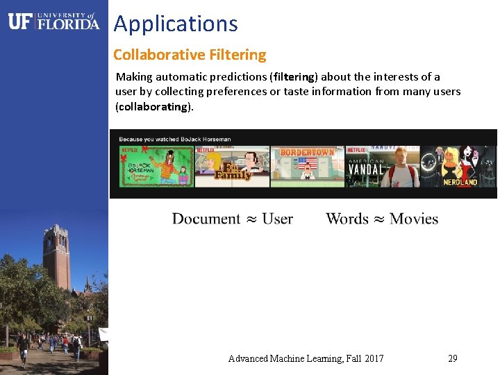 Applications Collaborative Filtering Making automatic predictions (filtering) about the interests of a user by