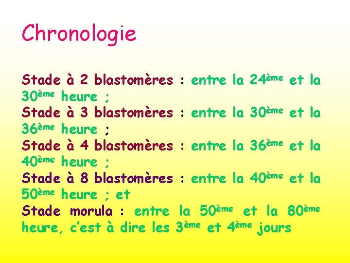 Chronologie Stade à 2 blastomères : entre la 24ème et la 30ème heure ;