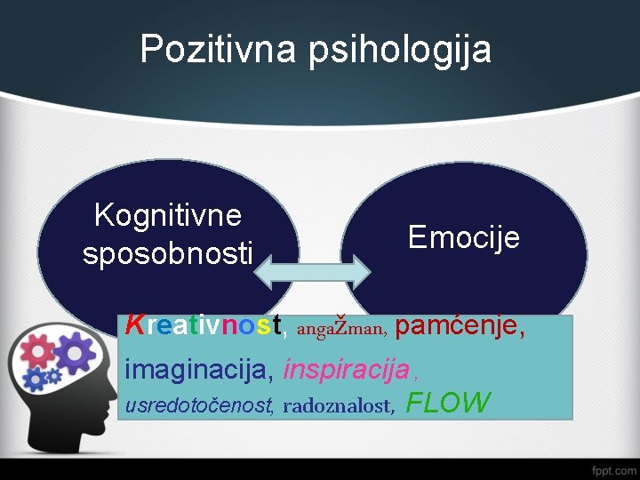 Pozitivna psihologija Kognitivne sposobnosti Emocije Kreativnost, angažman, pamćenje, imaginacija, inspiracija , usredotočenost, radoznalost, FLOW