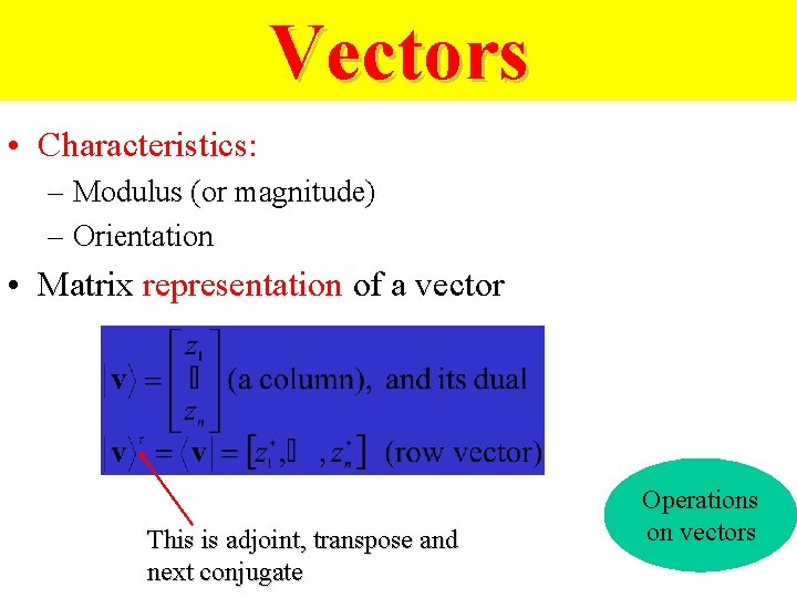 Vectors • Characteristics: – Modulus (or magnitude) – Orientation • Matrix representation of a