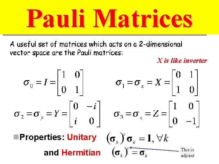 Pauli Matrices X is like inverter n. Properties: Unitary and Hermitian This is adjoint