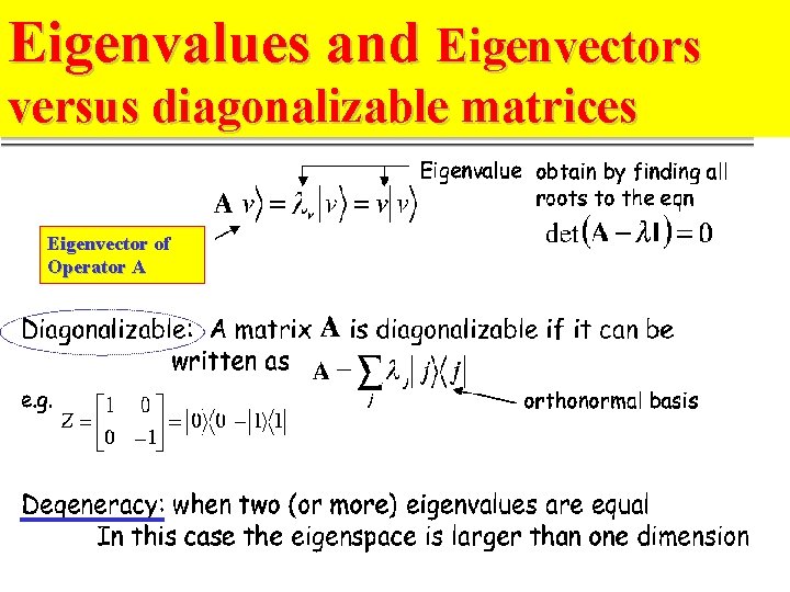 Eigenvalues and Eigenvectors versus diagonalizable matrices Eigenvector of Operator A 