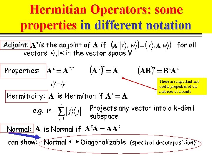 Hermitian Operators: some properties in different notation These are important and useful properties of