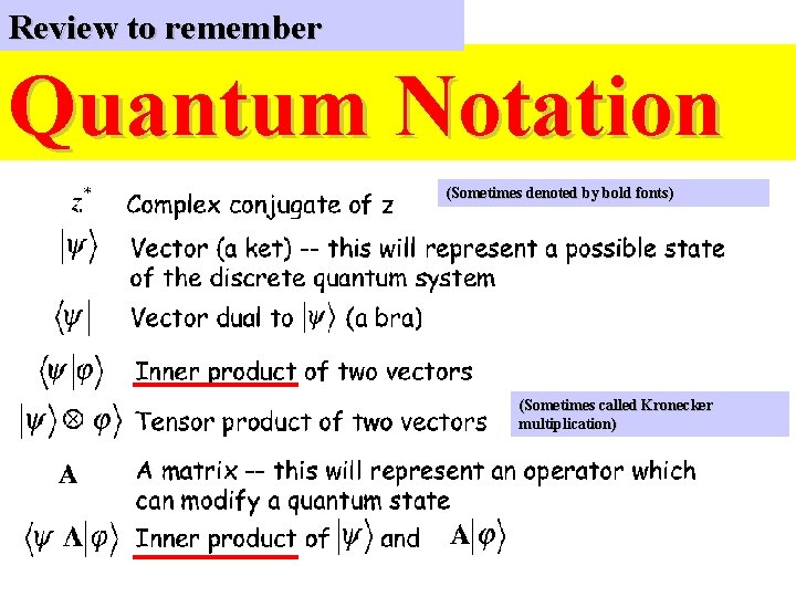 Review to remember Quantum Notation (Sometimes denoted by bold fonts) (Sometimes called Kronecker multiplication)