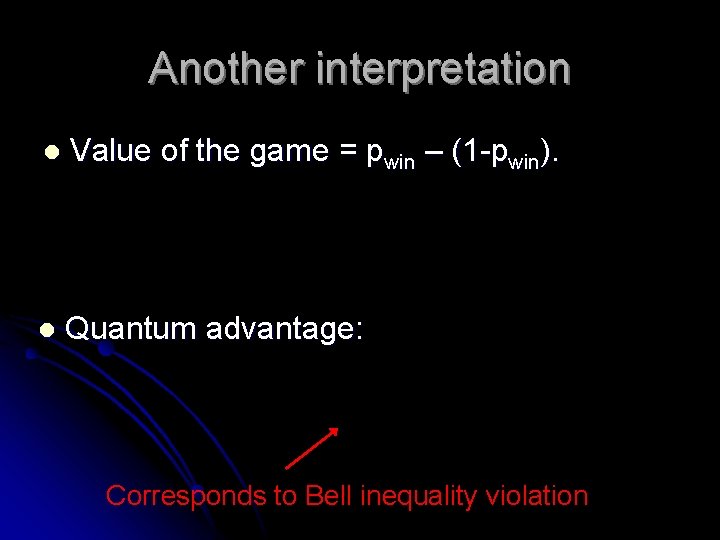 Another interpretation l Value of the game = pwin – (1 -pwin). l Quantum