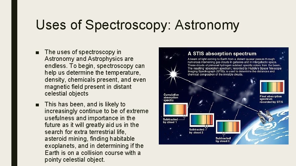 Uses of Spectroscopy: Astronomy ■ The uses of spectroscopy in Astronomy and Astrophysics are