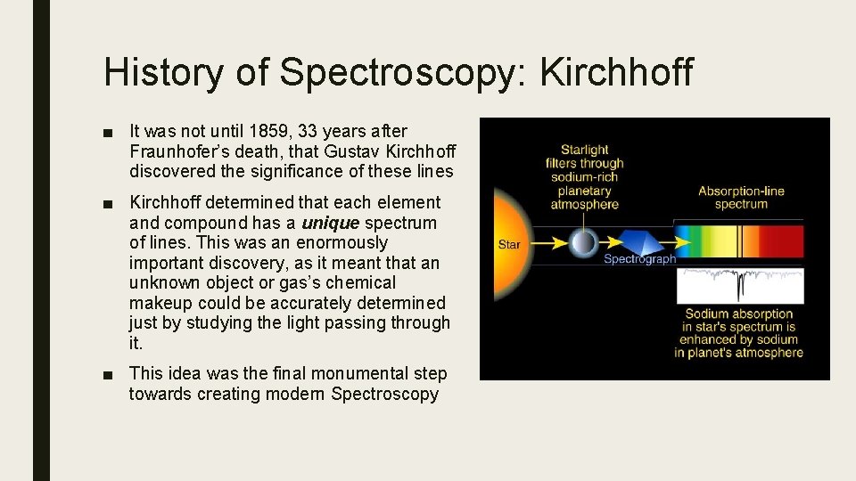 History of Spectroscopy: Kirchhoff ■ It was not until 1859, 33 years after Fraunhofer’s