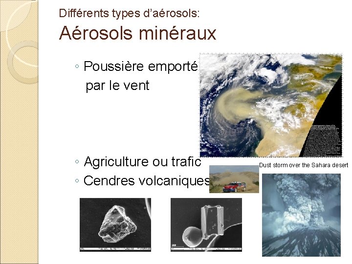 Différents types d’aérosols: Aérosols minéraux ◦ Poussière emportée par le vent ◦ Agriculture ou