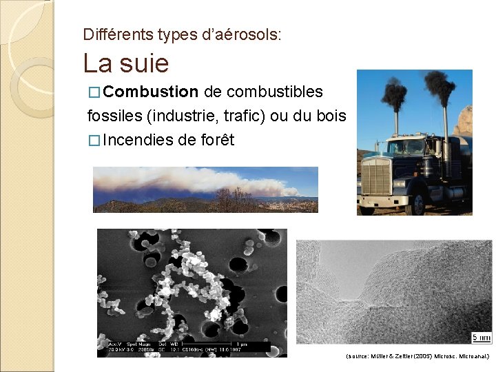 Différents types d’aérosols: La suie � Combustion de combustibles fossiles (industrie, trafic) ou du