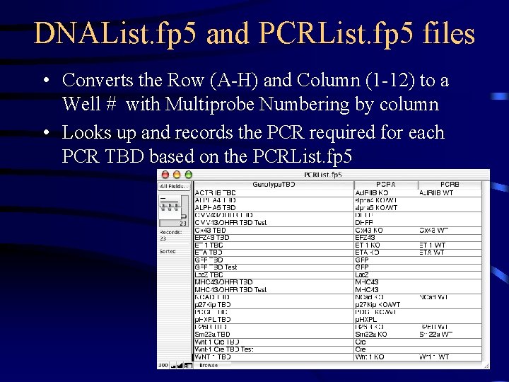 DNAList. fp 5 and PCRList. fp 5 files • Converts the Row (A-H) and