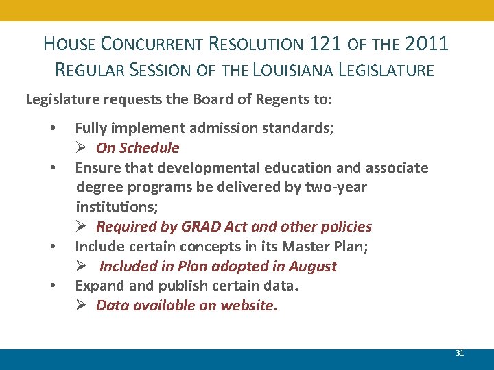 HOUSE CONCURRENT RESOLUTION 121 OF THE 2011 REGULAR SESSION OF THE LOUISIANA LEGISLATURE Legislature