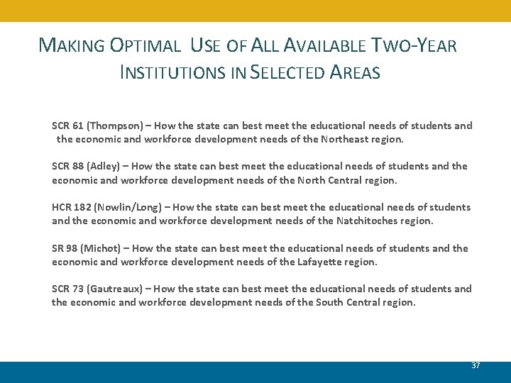 MAKING OPTIMAL USE OF ALL AVAILABLE TWO-YEAR INSTITUTIONS IN SELECTED AREAS SCR 61 (Thompson)